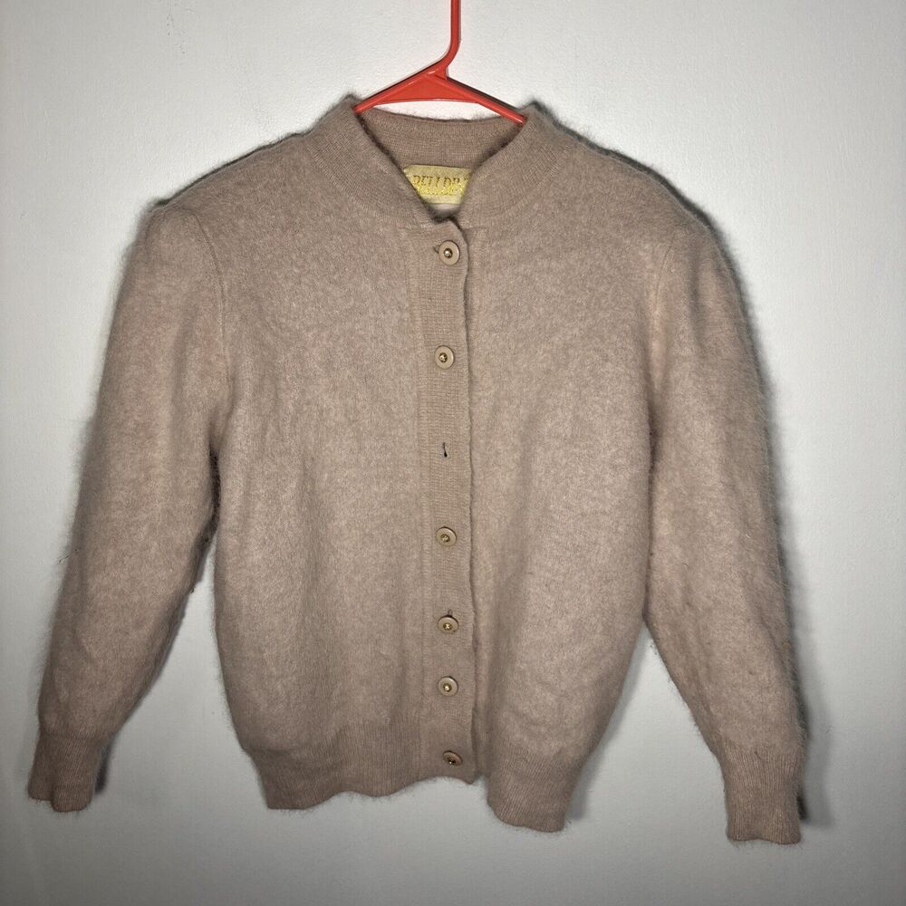 RARE BELLDINI Fluffy Fuzzy Vintage Angora Light Pink Cardigan Sweater Sz M Flaw